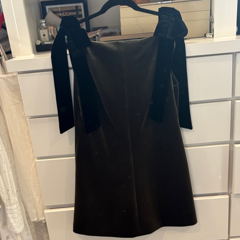 ZARA Olive Velvet Mini Dress with Black Bow Accents